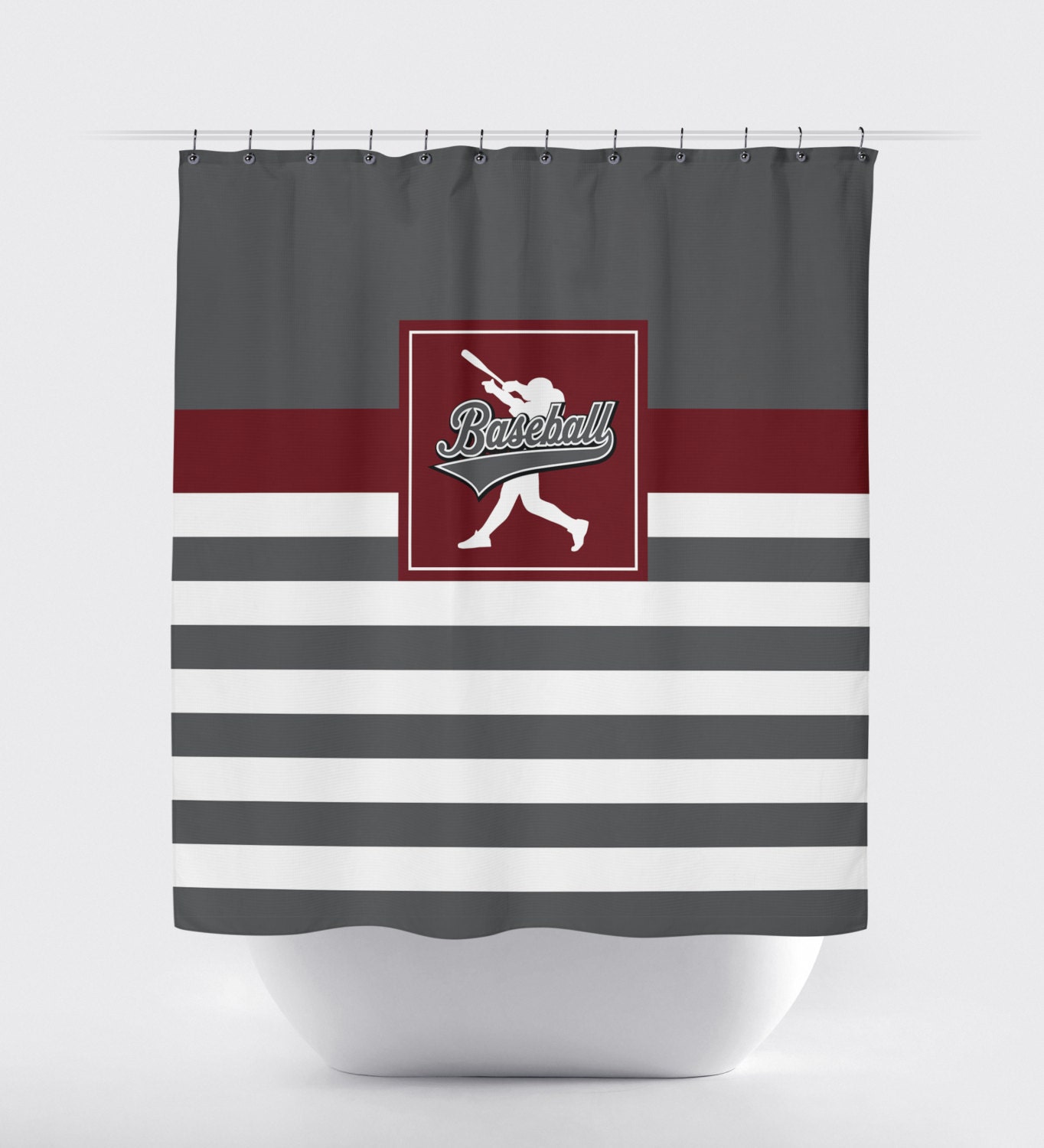 Custom Baseball Bathroom Shower Curtain In Royal Blue, Orange, And White Stripes - Image 2