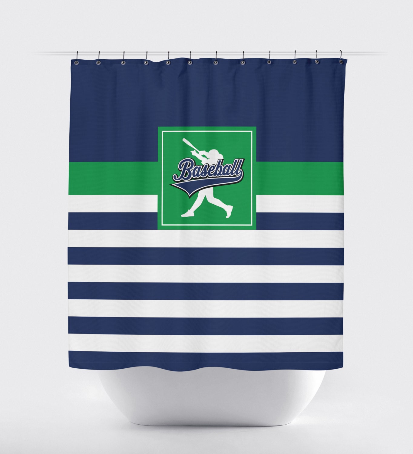 Custom Baseball Bathroom Shower Curtain In Royal Blue, Orange, And White Stripes - Image 3