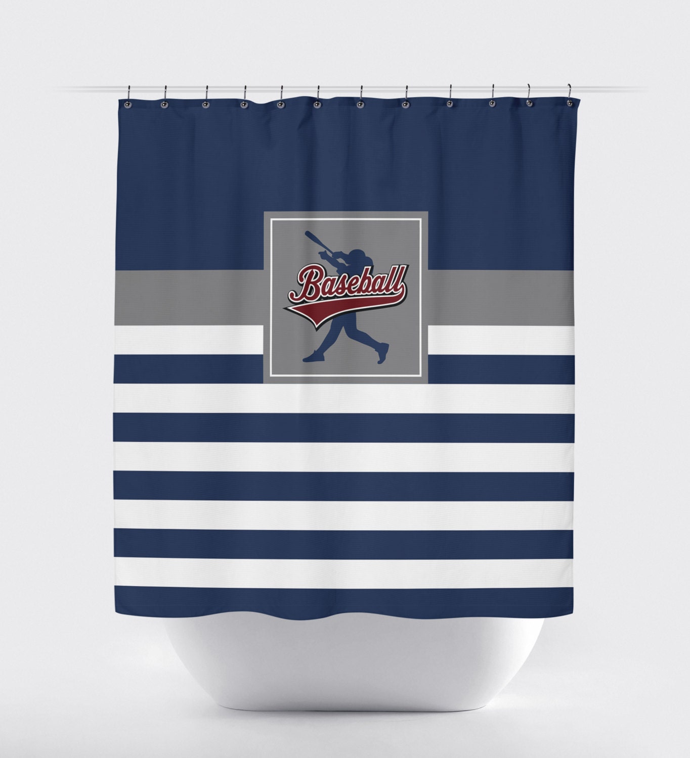 Custom Baseball Bathroom Shower Curtain In Royal Blue, Orange, And White Stripes - Image 4
