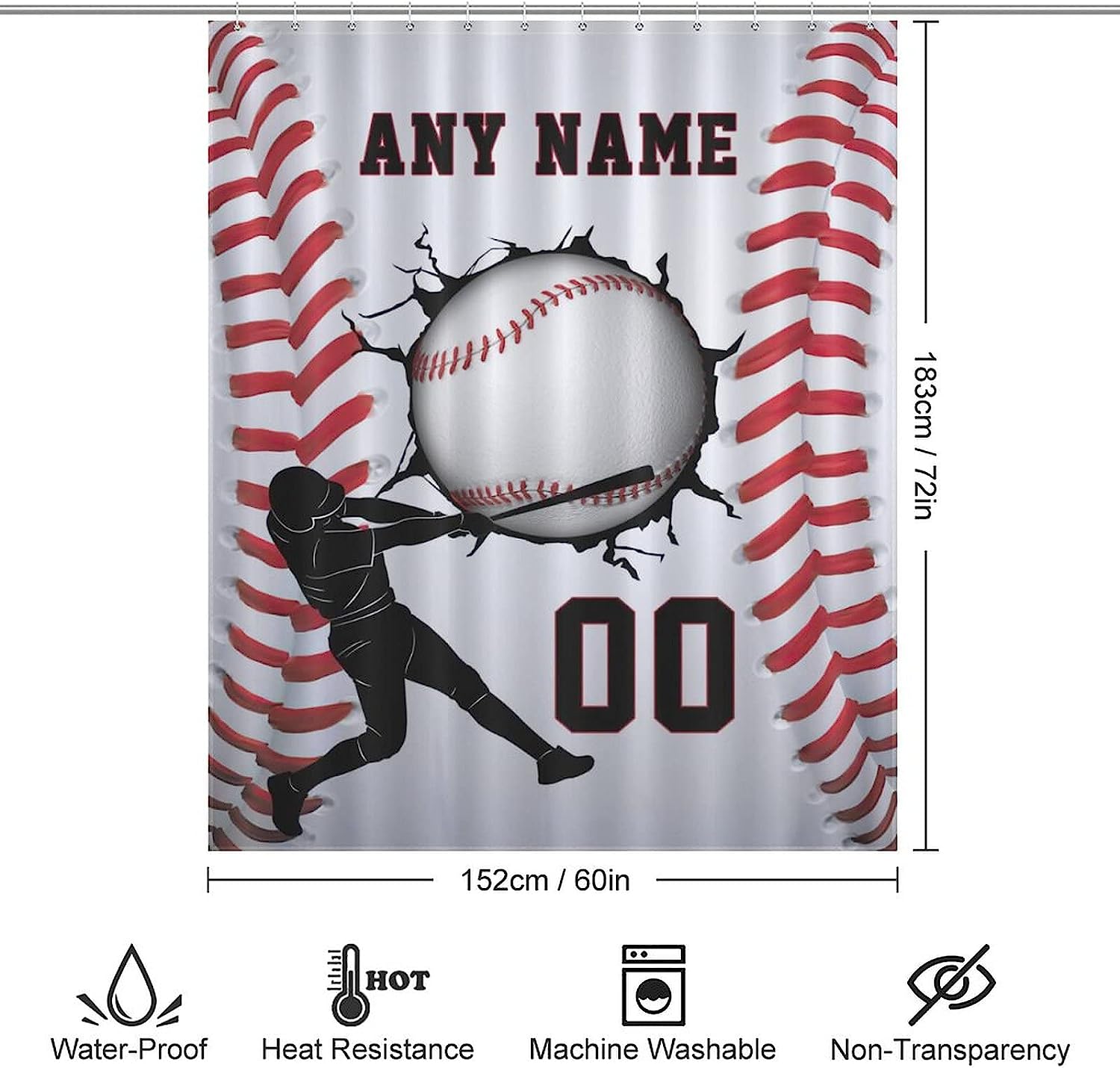 Custom Baseball Personalized Print Fabric Shower Curtain for Bathrooms