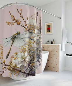 Custom Bathrooms Watercolor Shower Curtain With Beautiful Dragonfly And Wild Flowers Print
