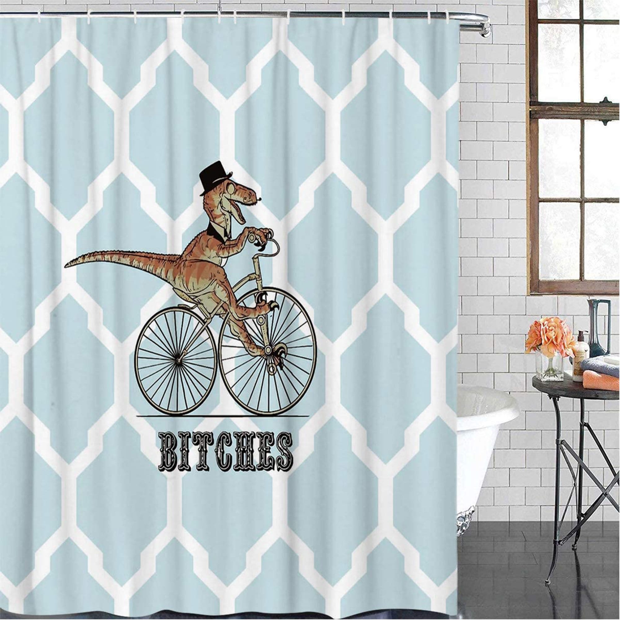 Custom Dinosaur Bicycle Geometric Pattern Shower Curtain For Fun Bath - Image 2