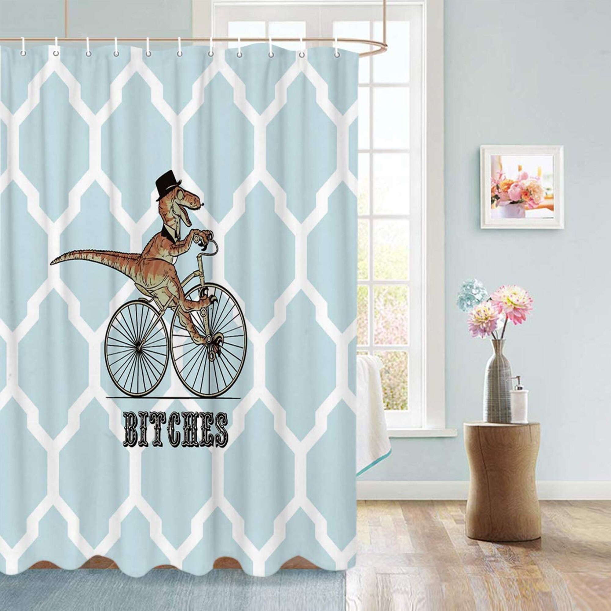 Custom Dinosaur Bicycle Geometric Pattern Shower Curtain For Fun Bath - Image 3