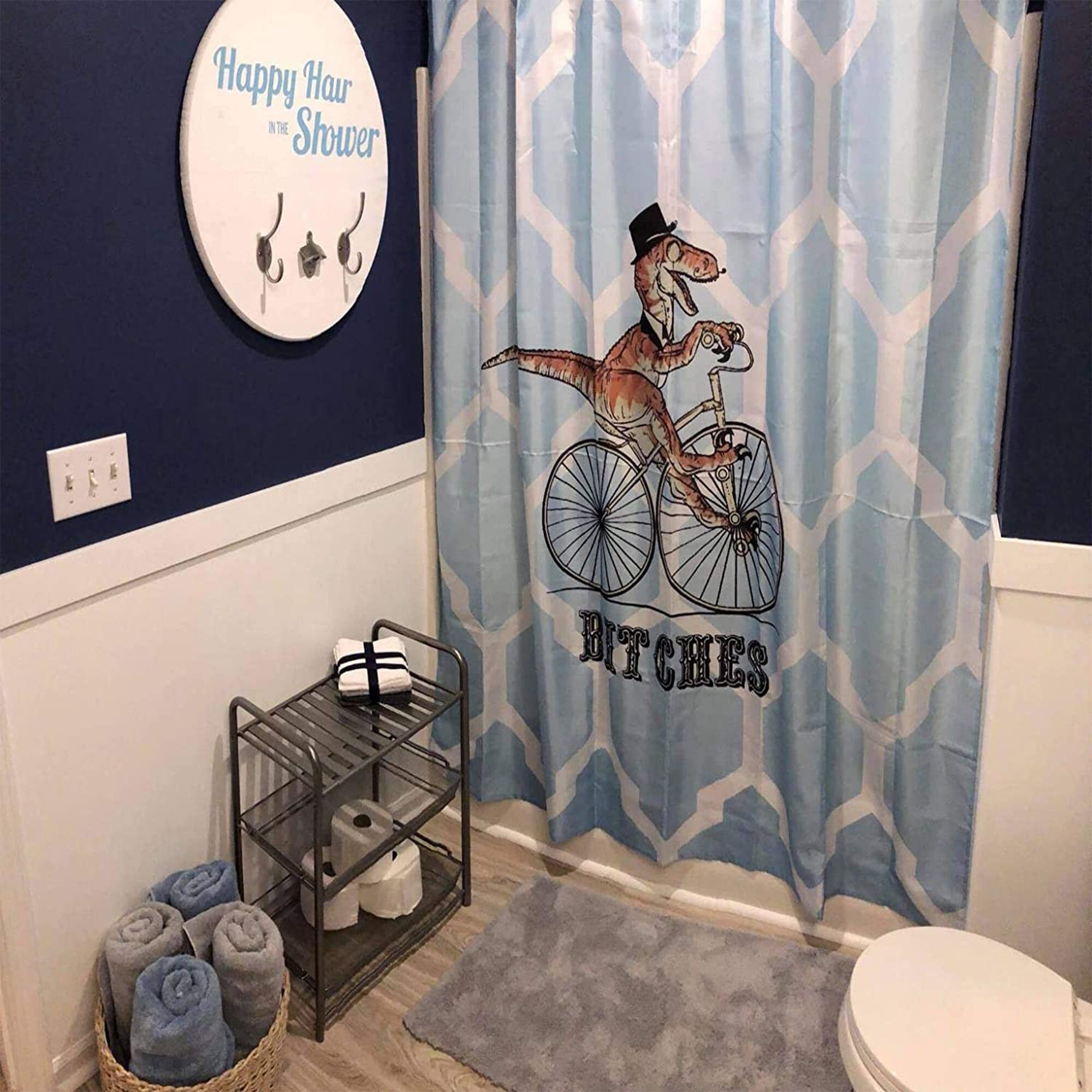Custom Dinosaur Bicycle Geometric Pattern Shower Curtain For Fun Bath - Image 4
