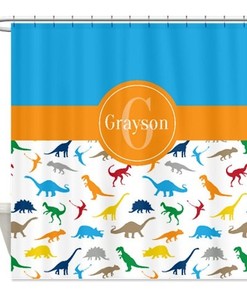 Custom Dinosaur Shower Curtain With Monogrammed Name In Colorful Design