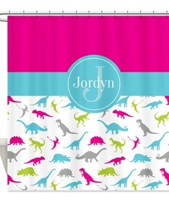 Custom Dinosaur Shower Curtain With Monogrammed Name In Vibrant Colors