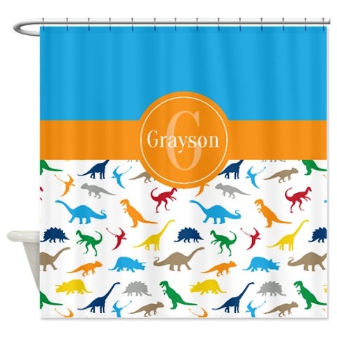Custom Dinosaur Shower Curtain With Monogrammed Name In Vibrant Colors - Image 2