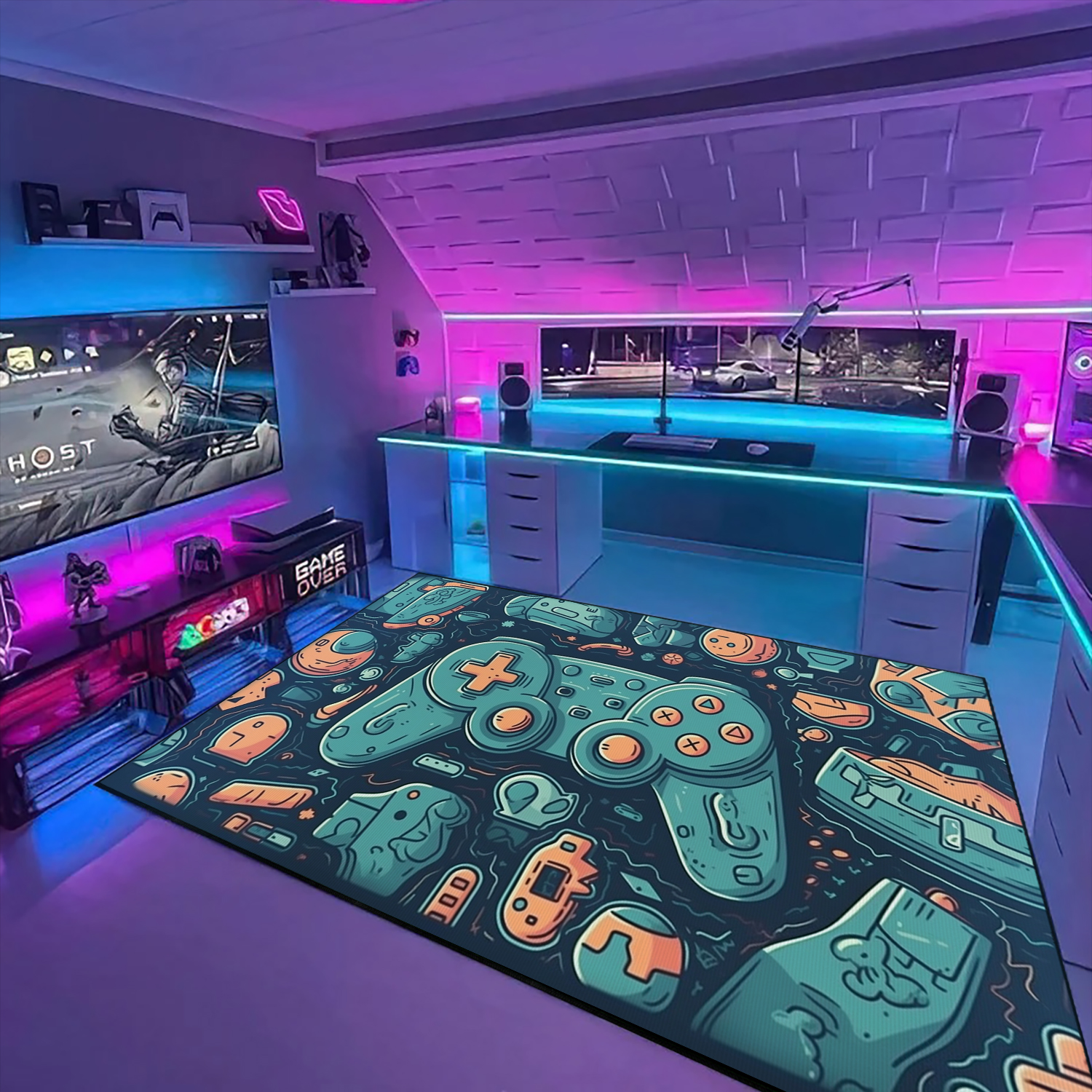Custom Game Room Area Rug for Boys - Shufflezone Game Carpet with Vintage Style Game Room Decor M54 - Image 3