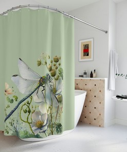 Custom Green Dragonfly And Wild Flowers Shower Curtain, Floral Designer Curtain With Nature Print 