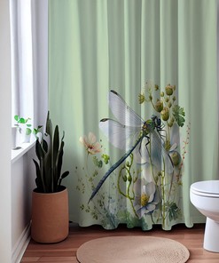 Custom Green Dragonfly And Wild Flowers Shower Curtain, Floral Designer Curtain With Nature Print