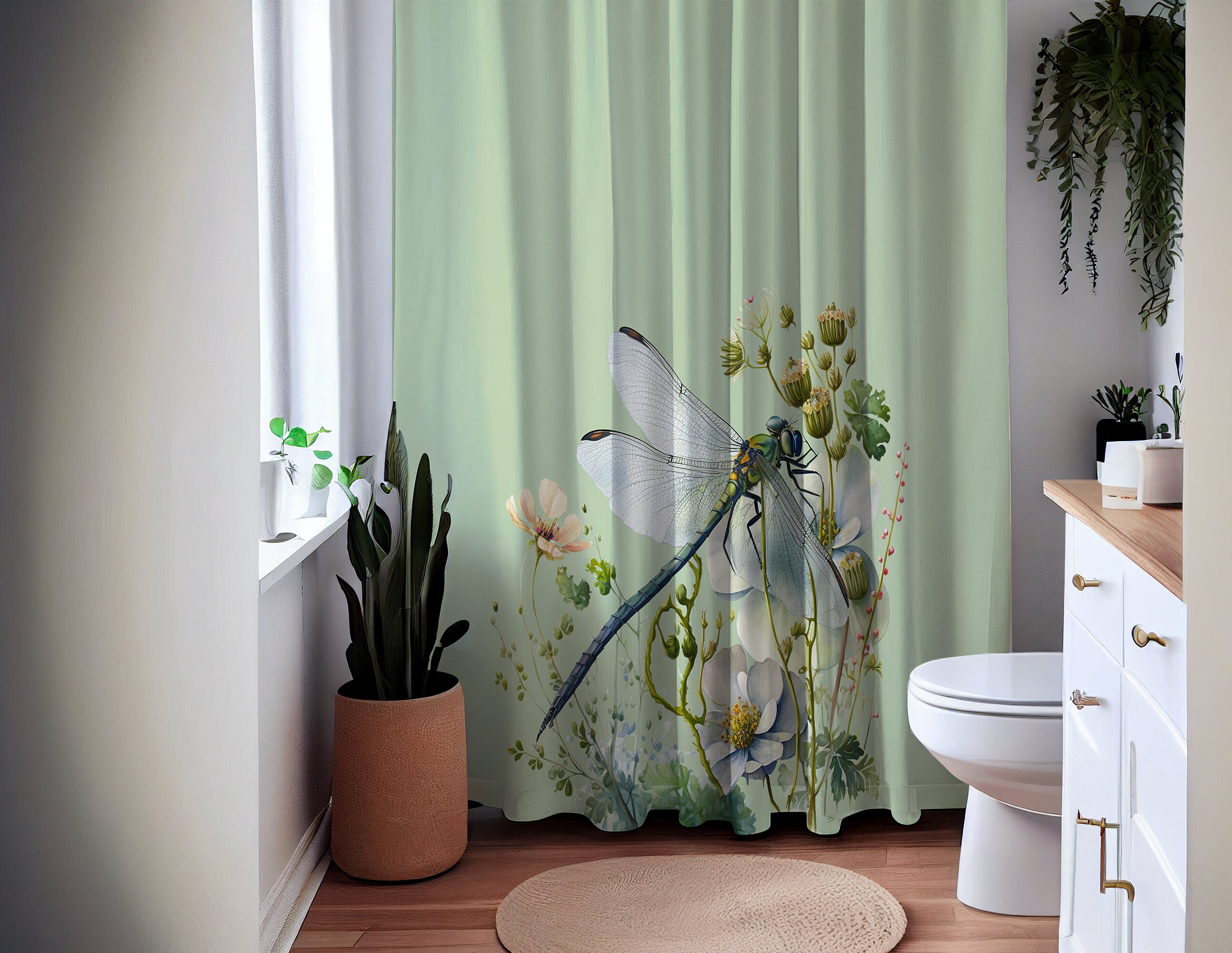 Custom Green Dragonfly And Wild Flowers Shower Curtain, Floral Designer Curtain With Nature Print