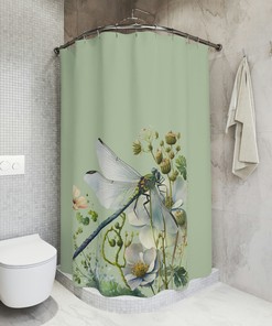 Custom Green Dragonfly And Wild Flowers Shower Curtain, Floral Designer Curtain With Nature Print