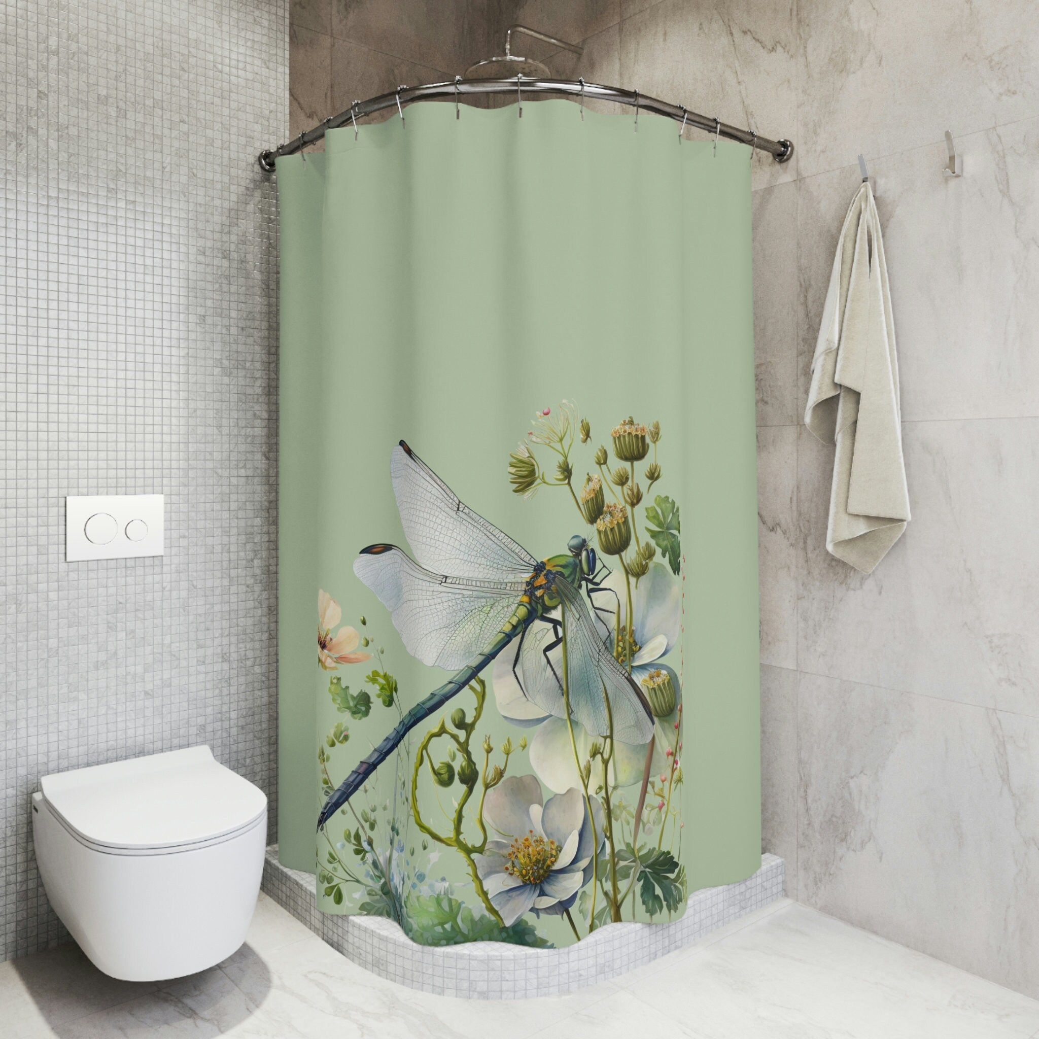 Custom Green Dragonfly And Wild Flowers Shower Curtain, Floral Designer Curtain With Nature Print