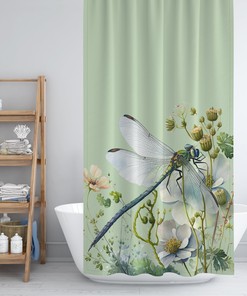 Custom Green Dragonfly And Wild Flowers Shower Curtain, Floral Designer Curtain With Nature Print