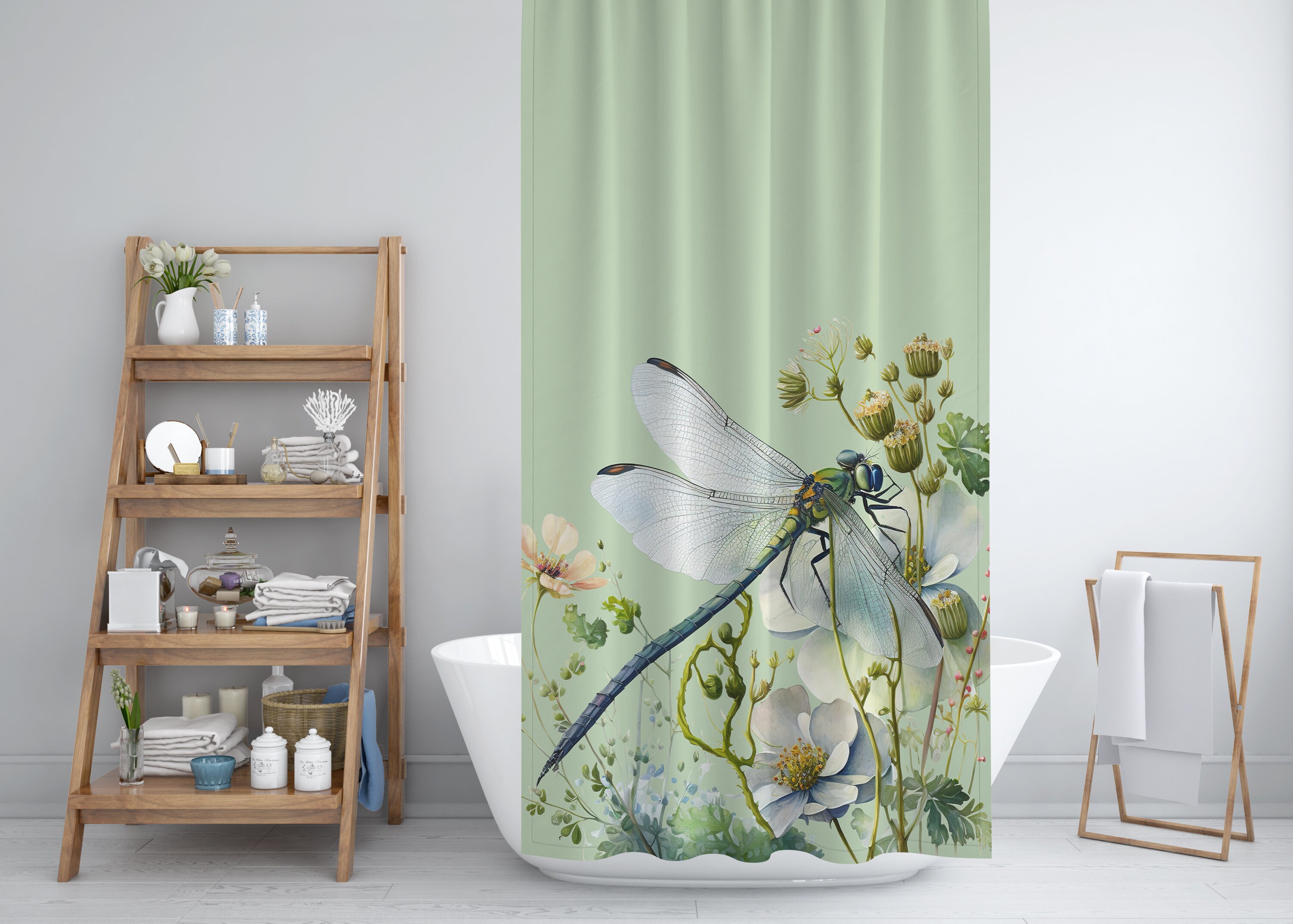 Custom Green Dragonfly And Wild Flowers Shower Curtain, Floral Designer Curtain With Nature Print