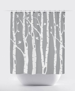 Custom Grey Birch Tree Shower Curtain With Birds And Kids Design, Home Decor