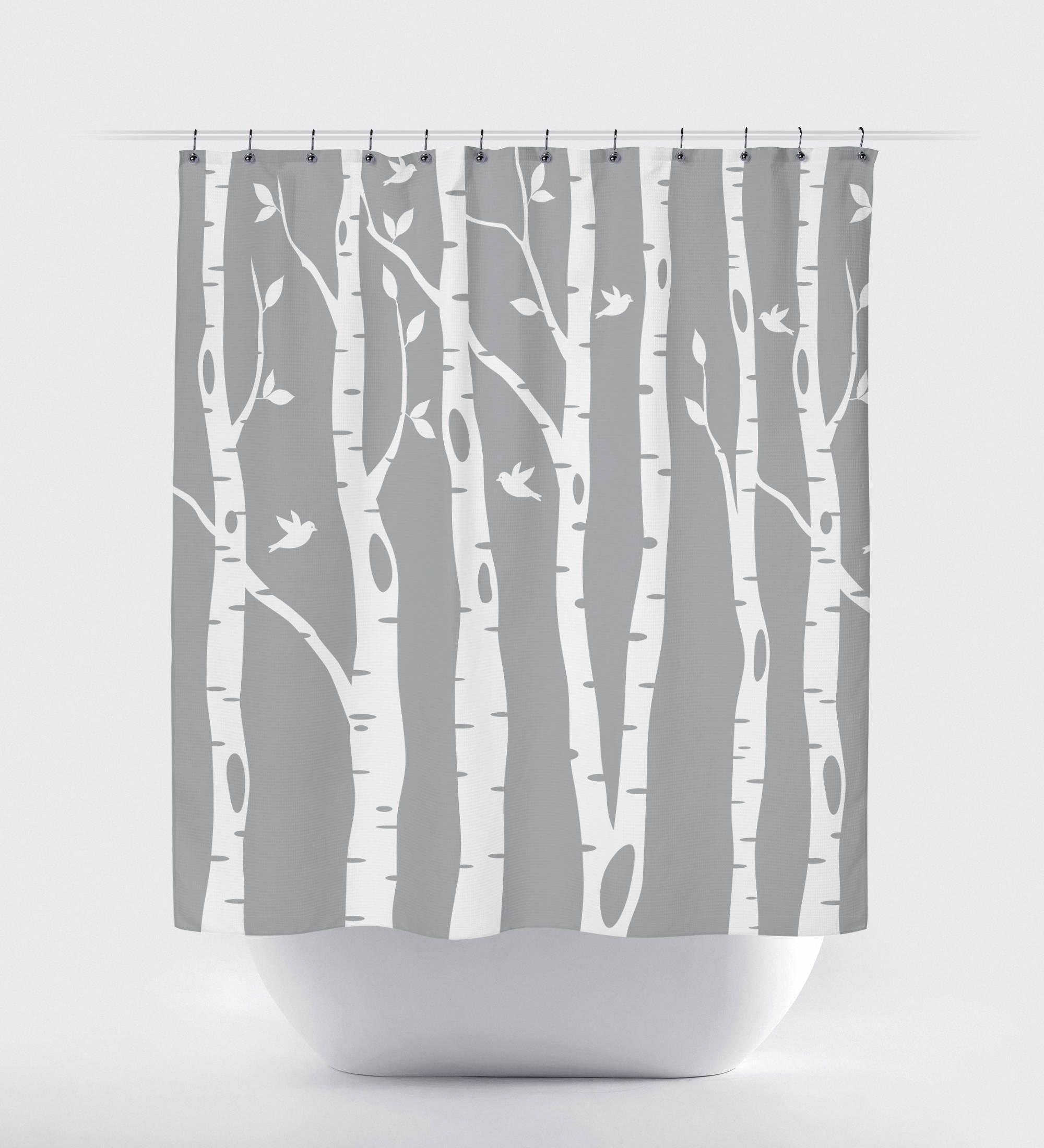 Custom Grey Birch Tree Shower Curtain With Birds And Kids Design, Home Decor