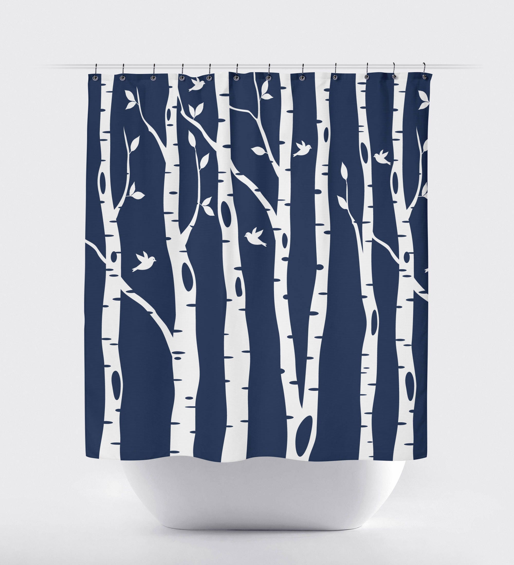 Custom Grey Birch Tree Shower Curtain With Birds And Kids Design, Home Decor - Image 2