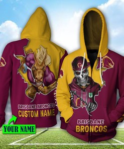 Custom Name Brisbane Broncos Nrl Mascot Skull All Over Print Hoodie 3D With Personalization