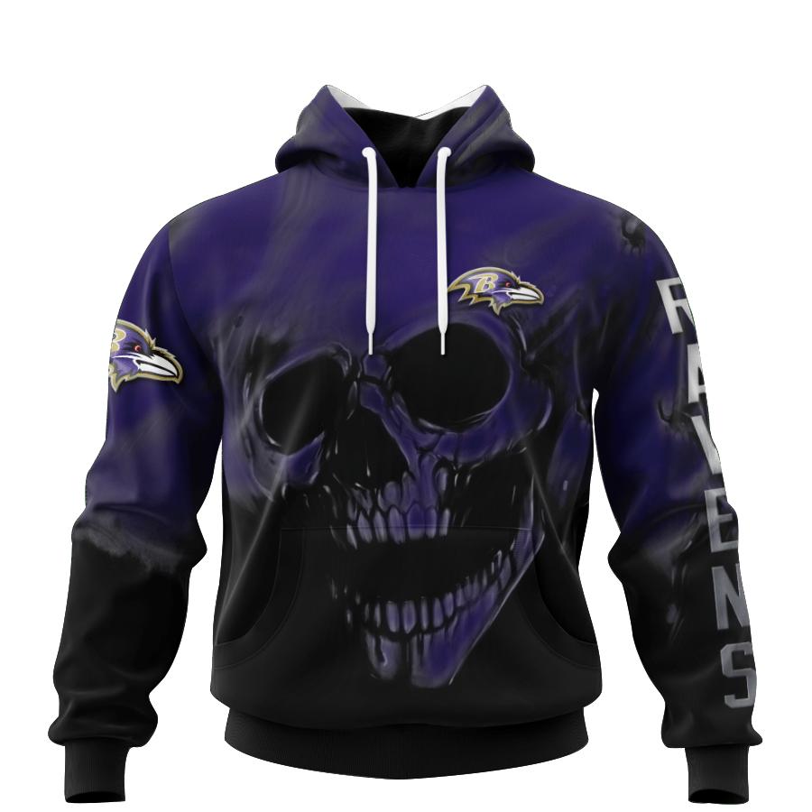 Custom Name & Number All Over Print Baltimore Ravens Hoodie 3D Skull Gifts For Fans
