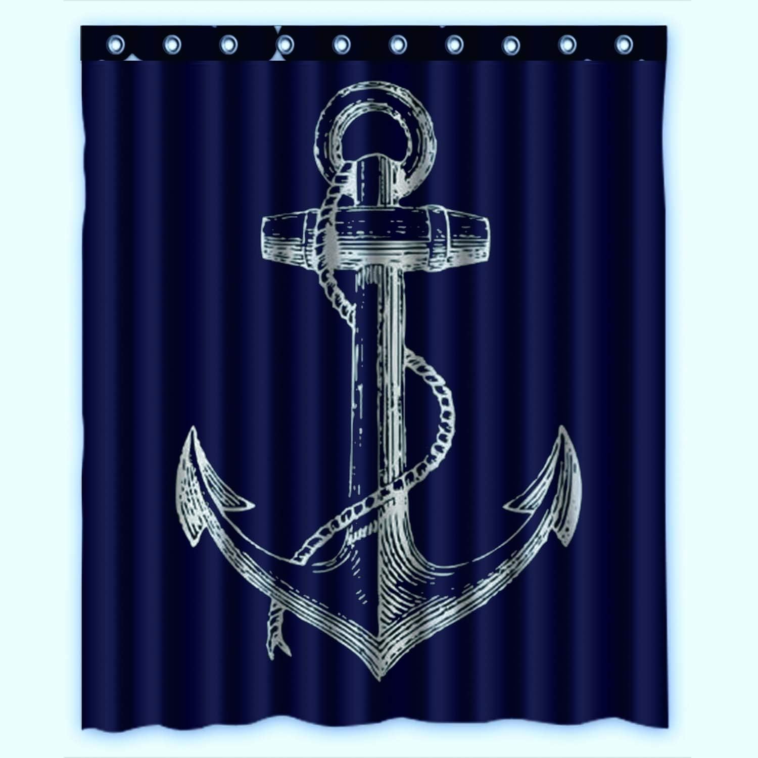 Custom Nautical Navy Blue Anchor Waterproof Shower Curtain for a Coastal Bathroom