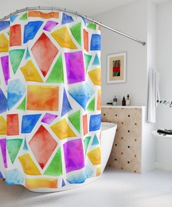 Custom Printed Geometric Watercolor Shower Curtain for Cute Bathroom Decor