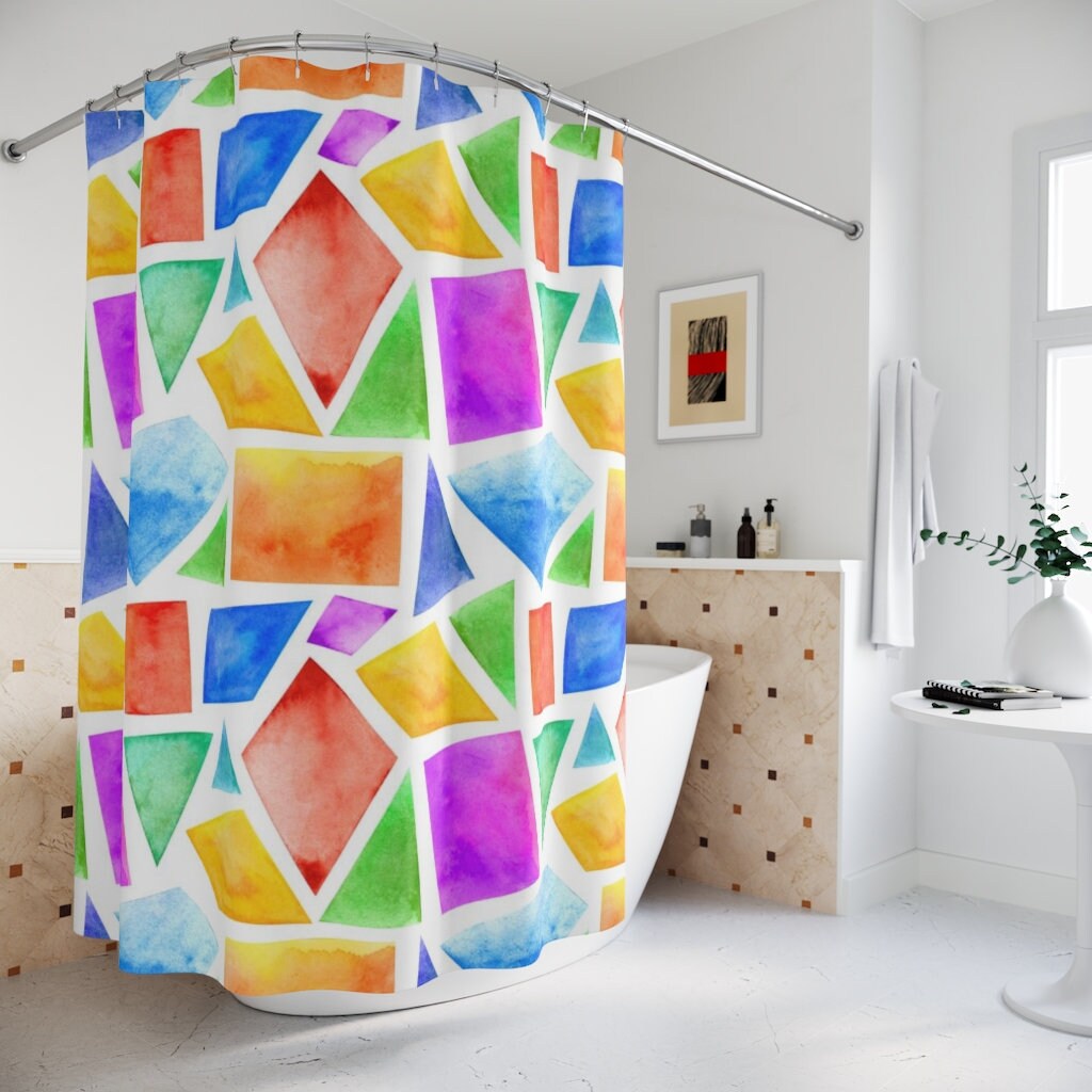 Custom Printed Geometric Watercolor Shower Curtain for Cute Bathroom Decor
