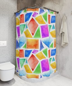 Custom Printed Geometric Watercolor Shower Curtain for Cute Bathroom Decor