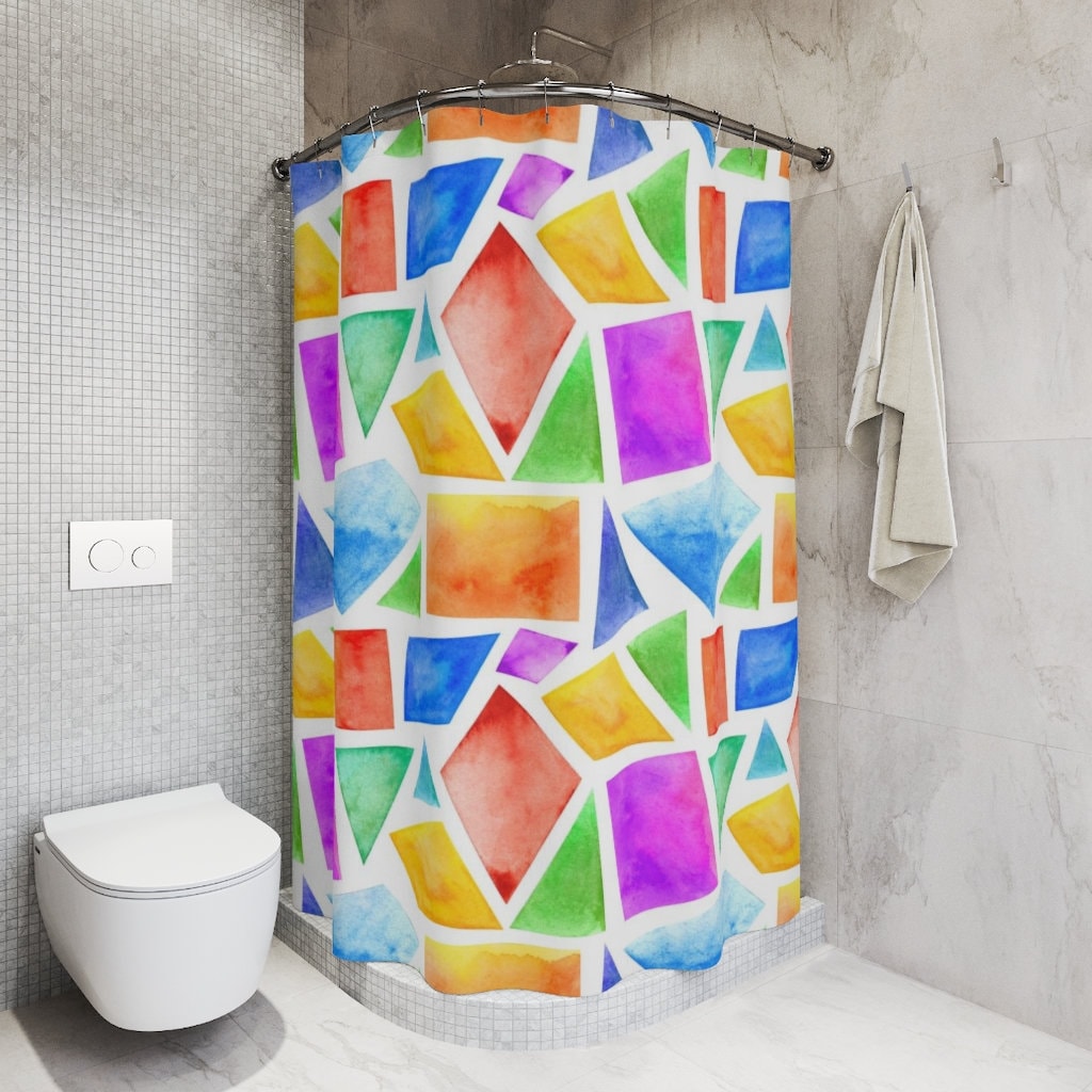 Custom Printed Geometric Watercolor Shower Curtain for Cute Bathroom Decor