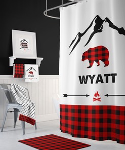 Custom Red Buffalo Plaid Shower Curtain with Lumberjack Bathroom Art for Boys Room and Personalized Gift