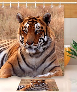 Custom Set Shower Curtain and Bathroom Mat - Featuring the Majestic Lying Tiger.