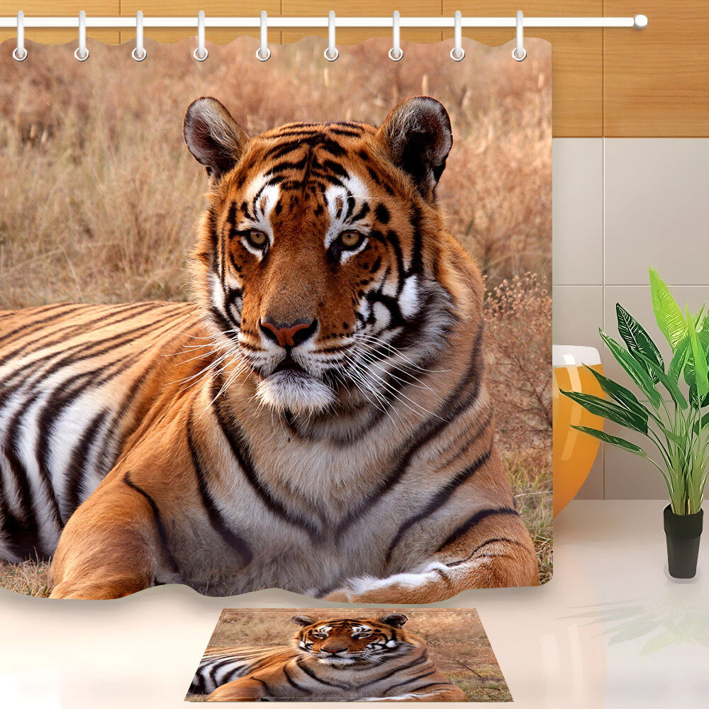 Custom Set Shower Curtain and Bathroom Mat - Featuring the Majestic Lying Tiger.