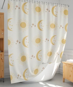 Custom Sized Sun And Moon Boho Shower Curtain With Astrology Print And Simple Minimal Style