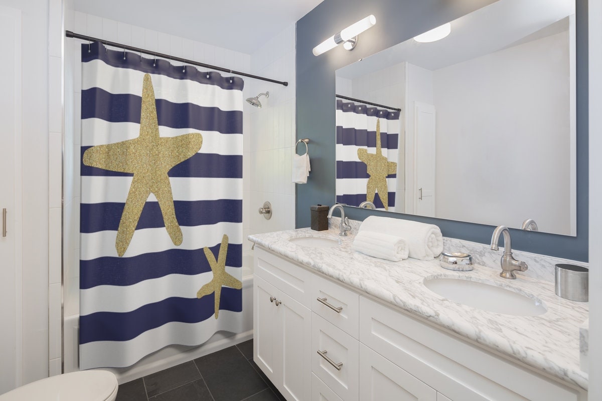 Custom Striped Starfish Nautical Ocean Shower Curtain - Perfect Gift