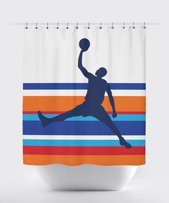 Custom Stripes Basketball Shower Curtain For Boys - Navy, Royal Blue And Red Decor