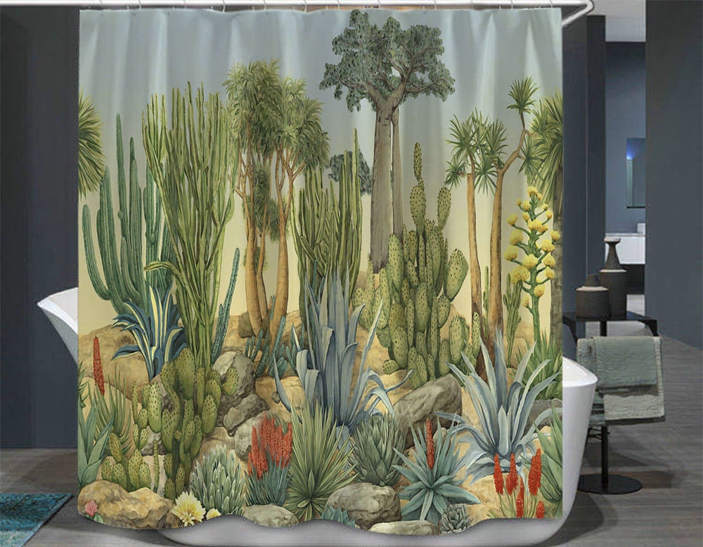 Custom Succulent Plant Floral Cactus Shower Curtain For A Green Bathroom