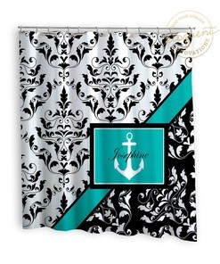Customizable Personalized Nautical Teal Black White Anchor Damask Print Kids Shower Curtain