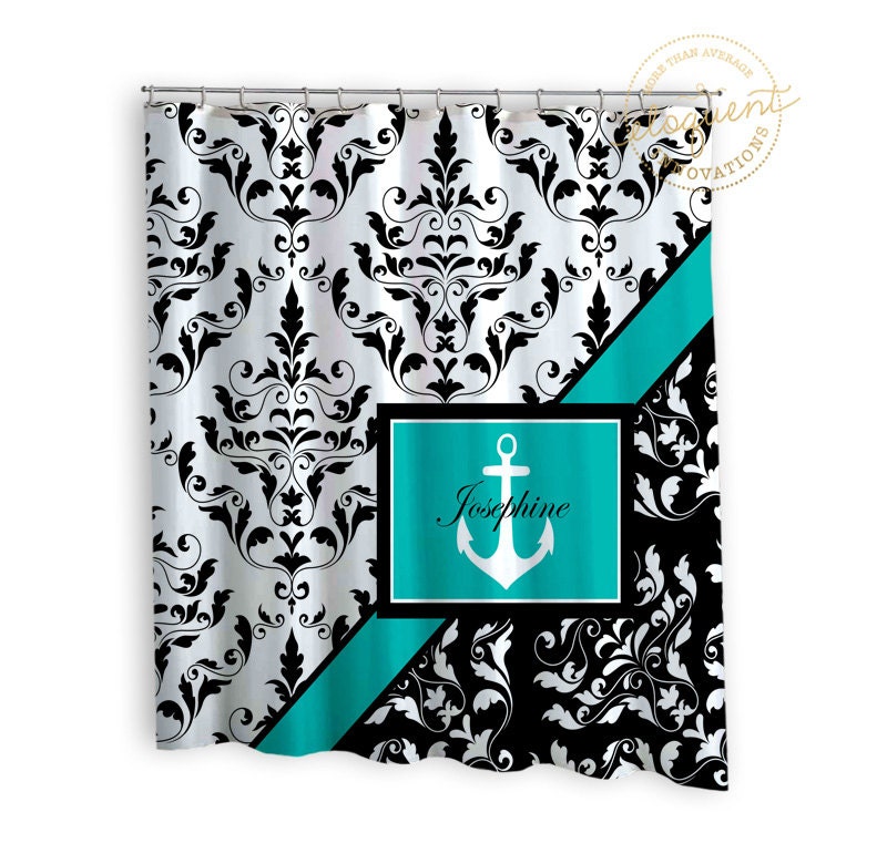 Customizable Personalized Nautical Teal Black White Anchor Damask Print Kids Shower Curtain