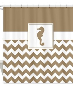Customizable Tan and White Chevron Nautical Shower Curtain with Seahorse Design