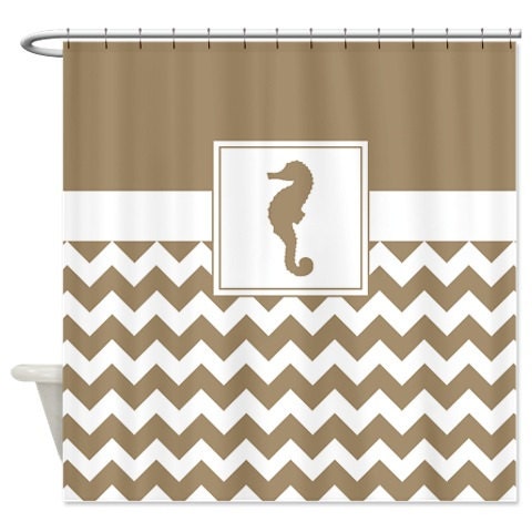 Customizable Tan and White Chevron Nautical Shower Curtain with Seahorse Design
