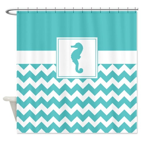 Customizable Tan and White Chevron Nautical Shower Curtain with Seahorse Design