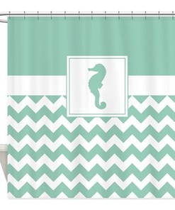 Customizable Tan and White Chevron Nautical Shower Curtain with Seahorse Design