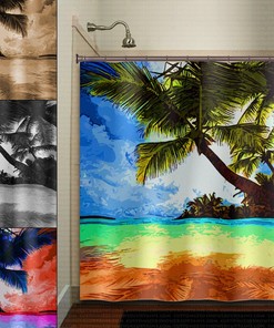 Customizable Tropical Beach Paradise Palm Shower Curtain with Stall, Valance, and Wall Tapestry 