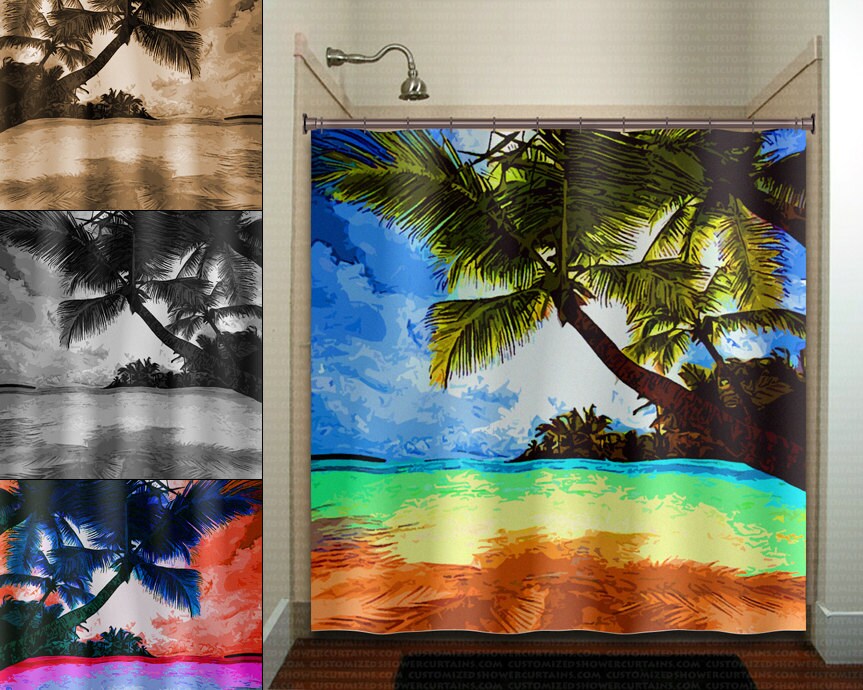 Customizable Tropical Beach Paradise Palm Shower Curtain with Stall, Valance, and Wall Tapestry