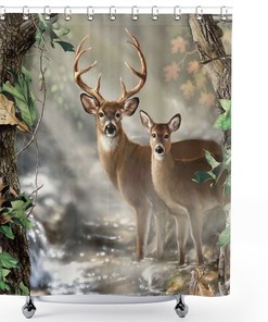 Customizable Waterproof Fabric Elk Foggy Forest Deer Bathroom Shower Curtain 