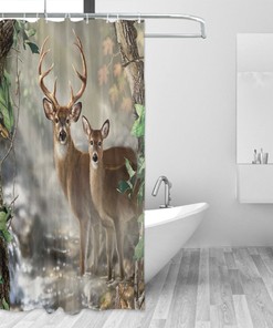 Customizable Waterproof Fabric Elk Foggy Forest Deer Bathroom Shower Curtain