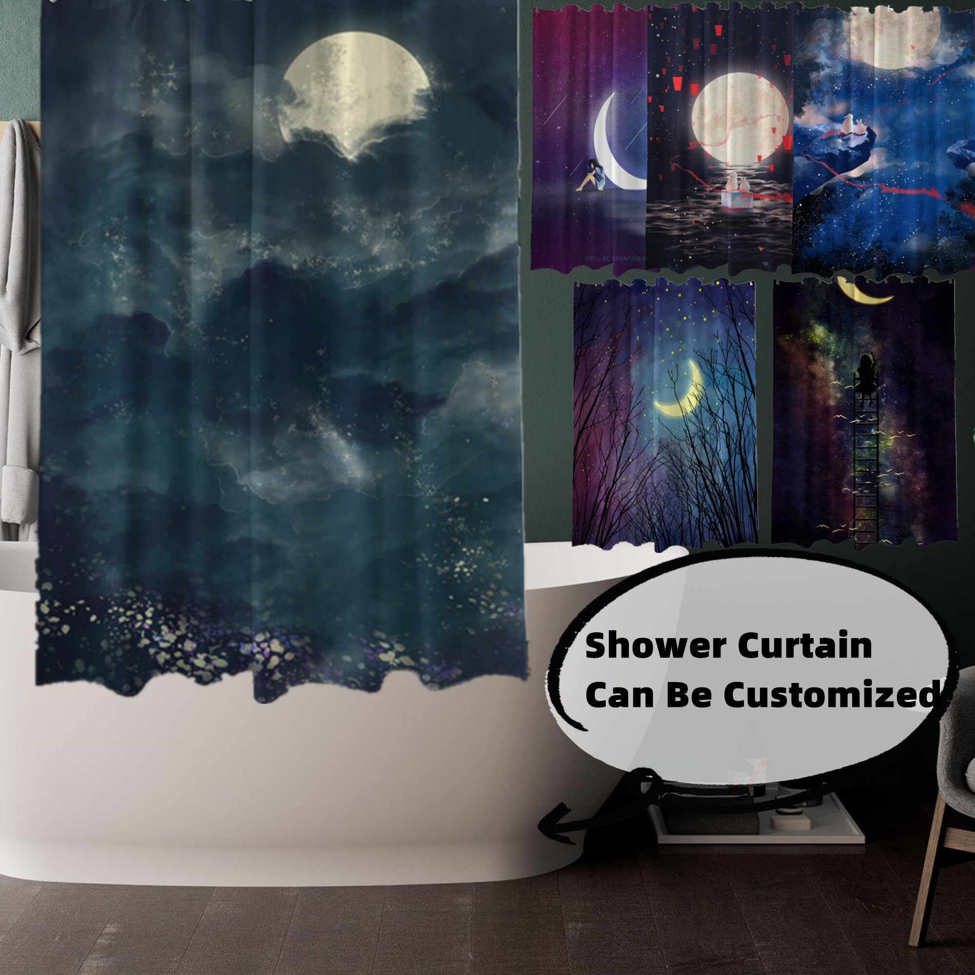 Customized Mold and Mildew Resistant Moon Shower Curtain for Personalized Bathroom Decor