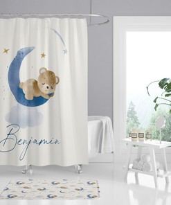 Customized Navy Teddy Bear Shower Curtain for Kids Bathroom, Moon and Stars Theme