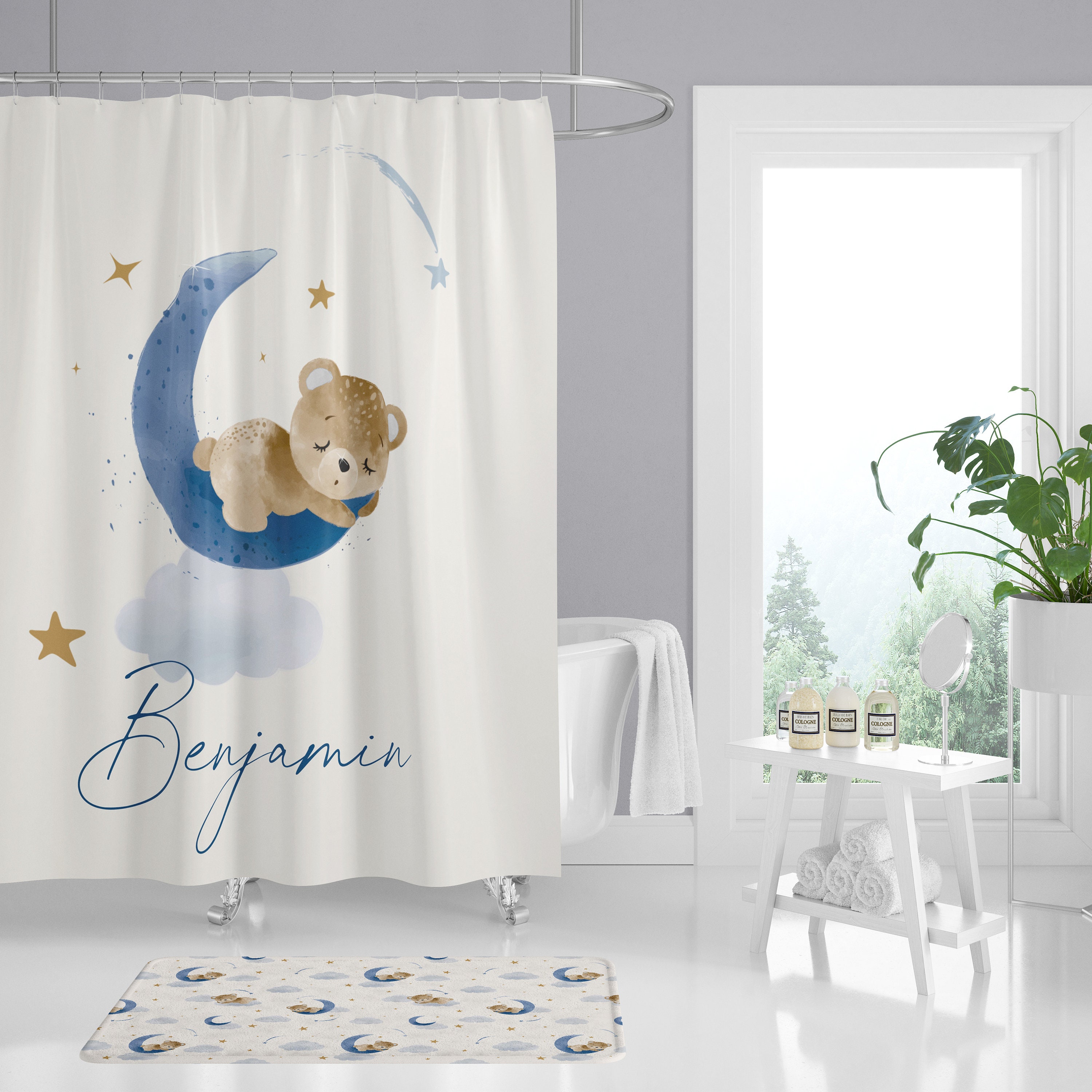 Customized Navy Teddy Bear Shower Curtain for Kids Bathroom, Moon and Stars Theme