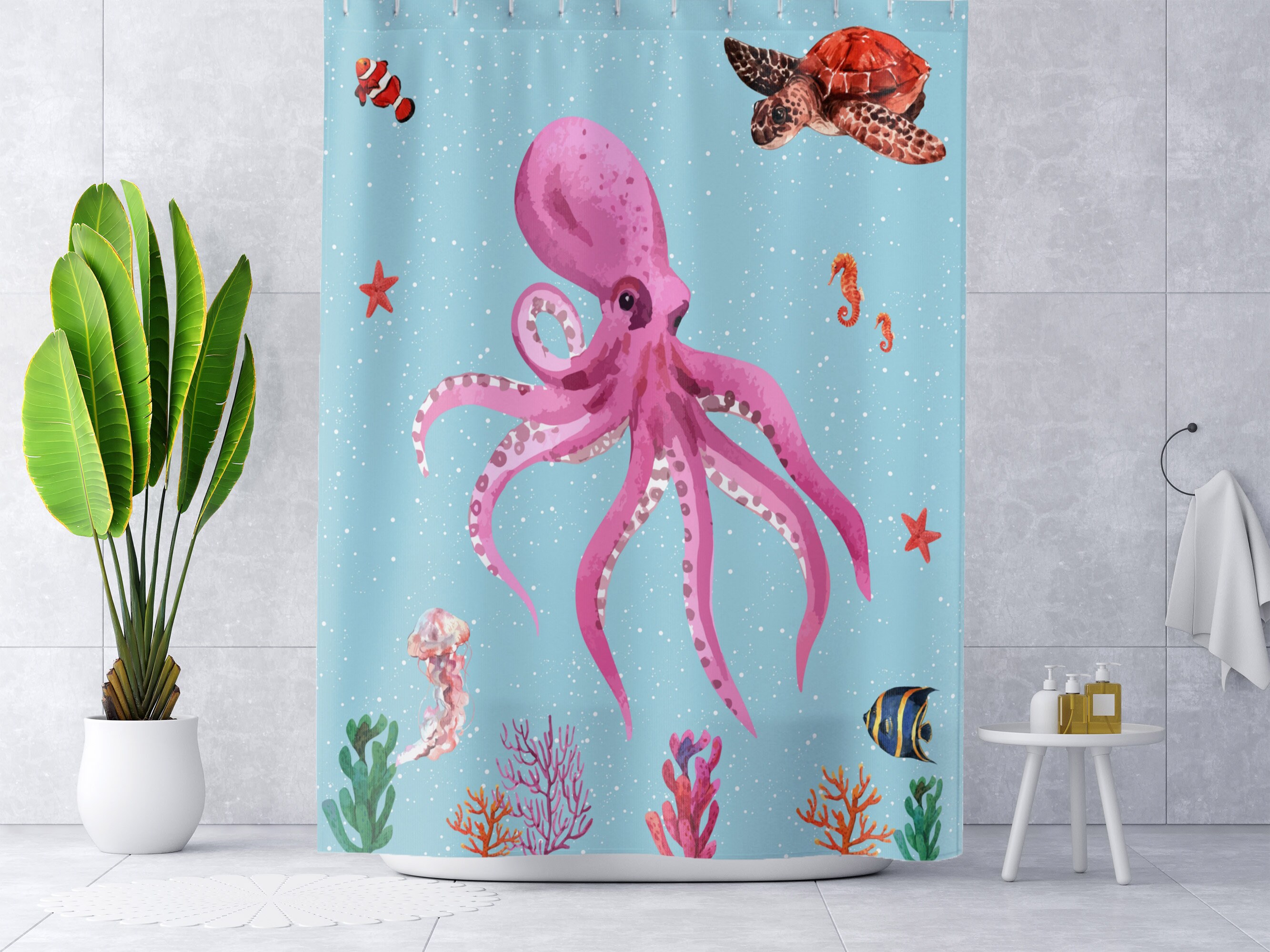 Customized Octopus Bathroom Curtain with Cute Octopus Gifts Print